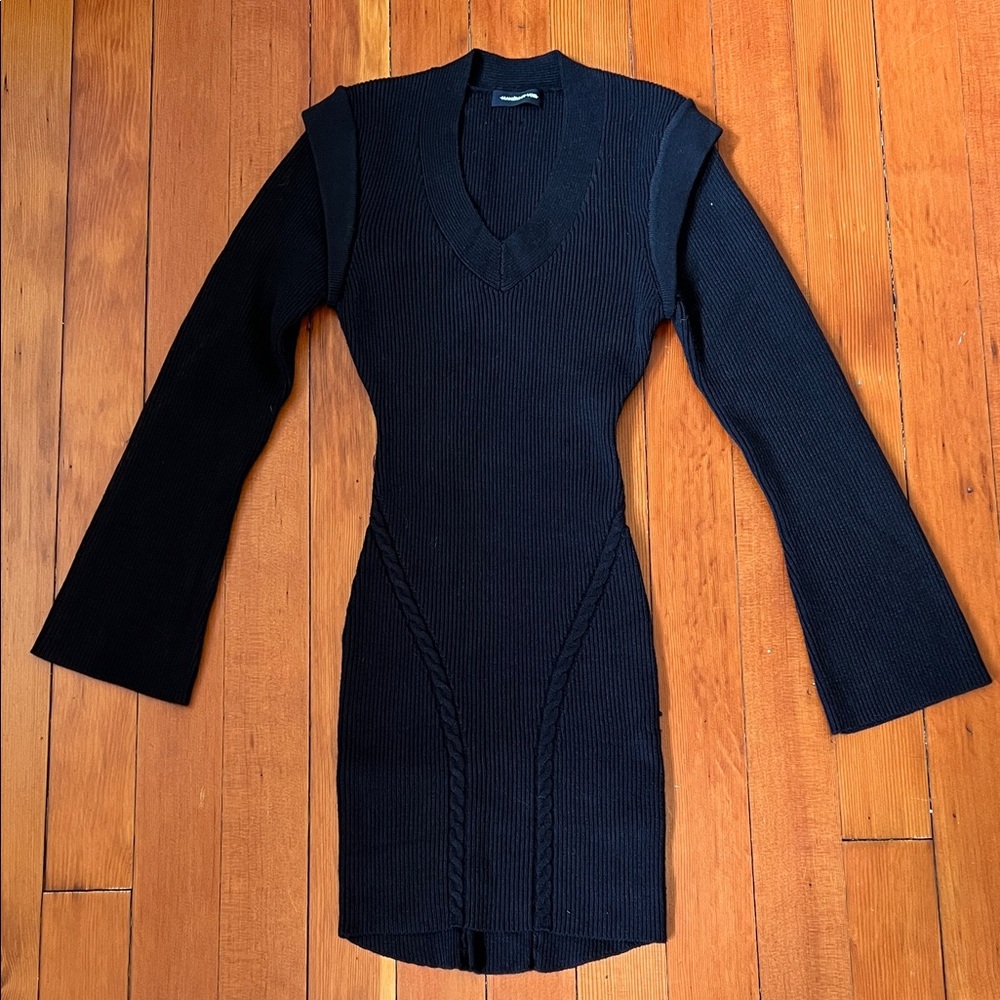 Maniere De Voir Black Bell Sleeve Sweater Mini Dress V-Neck